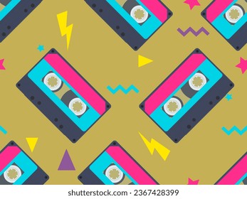 Retro seamless pattern with a audio cassette. Vector illustration