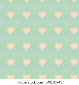Retro seamless pattern. Beige hearts and dots on blue background
