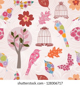 Retro seamless pattern with birds, birdcages, plants, flowers.