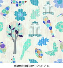 Retro seamless pattern with birds, birdcages, plants, flowers.