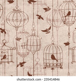 Retro Seamless Pattern With Birds And Cage