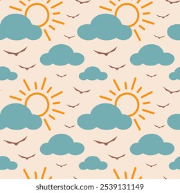 Modelo inconsútil retro con los pájaros, el sol y las nubes. Ilustración vectorial del cielo. Antiguas naturaleza de fondo y animales.