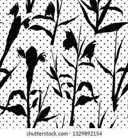 Retro seamless pattern with black tropical leaves and flowers silhouette shadow on white background. Vintage fabric textile, fashion summer print design, exotic poster. Vector illustrations
