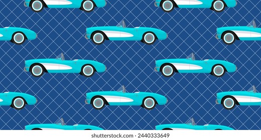 Retro seamless pattern with blue corvette car. Classic american automobile background for textile, wrapping paper, fabric, wallpaper, cover. Vector svg