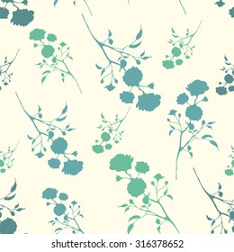 Retro seamless pattern with blue silhouettes of roses