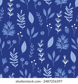 Retro seamless pattern with blueberry, flowers, leaves, herbs on blue background. Perfect for summer greetings, wallpaper, wrapping paper, fabric. Vector illustration