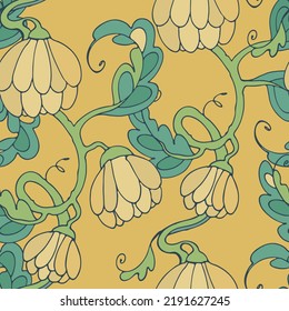 Patrón retro sin fisuras con ramas, hojas y flores de fantasía para el diseño de superficies y otros proyectos de diseño