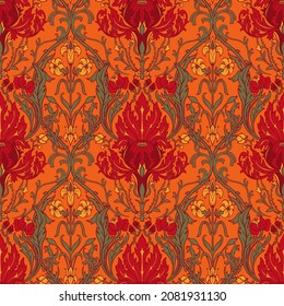 retro seamless pattern with bright flowers in Victorian style,