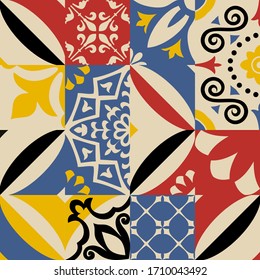 Retro Seamless Pattern From Bright Simple Geometric Shapes And Azulejos Tiles. Seamless Abstract Vintage Background In Sixties Style. Patchwork For Web Design, Invitation Card, Poster, Print, Textile 