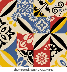 Retro Seamless Pattern From Bright Simple Geometric Shapes And Azulejos Tiles. Seamless Abstract Vintage Background In Sixties Style. Patchwork For Web Design, Invitation Card, Poster, Print, Textile 