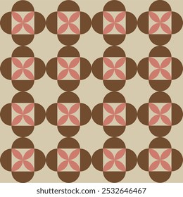 Retro seamless pattern with brown flower shapes on coffee brown background