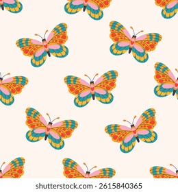 Retro seamless pattern with butterflies. Abstract colorful print of beautiful butterfly. Vintage 60s 70s decorative background. Groovy tropical insects with wings. Flat vector illustration
