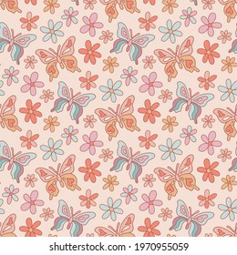 Retro seamless pattern with butterflies and flowers daisies, in a warm color palette. It can be used for packaging, wrapping paper, textile, home decor, for scrapbooking. Vintage style 60s 70s