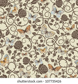 Retro seamless pattern from butterflies and roses branches