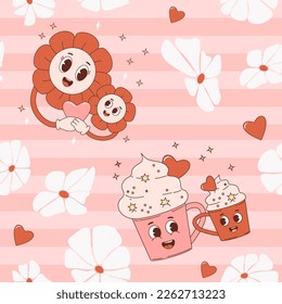 Retro seamless pattern with cartoon characters cups and Groovy power Flower on pink background with daisies and hearts. Vector Illustration for wallpaper, design, textile, packaging, decor