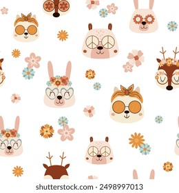 Retro seamless pattern in cartoon flat style. Retro pattern with animal faces and flowers. Groovy digital paper. Hand drawn vector pattern