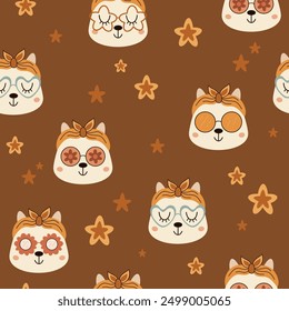 Retro seamless pattern in cartoon flat style. Retro pattern with cat face and stars. Groovy digital paper. Hand drawn vector pattern