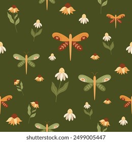 Retro seamless pattern in cartoon flat style. Retro pattern with butterfly and flowers. Groovy digital paper. Hand drawn vector pattern