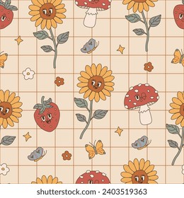 Retro seamless pattern with cartoon groovy characters with faces of the 70s. Funky hippie background with mesh, sunflower, mushroom, flower, butterfly, strawberry and star. Phone case, textile. Vector