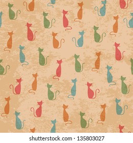 Retro seamless pattern with cats silhouettes. Vector illustration