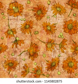 Retro seamless pattern chamomile  with vintage texture. Vector illustration