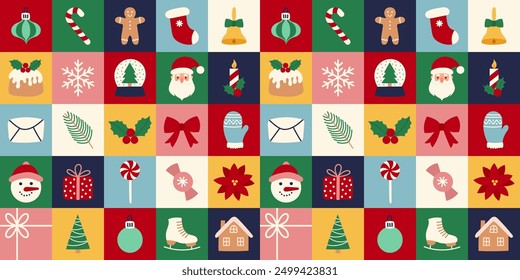 Retro seamless pattern with Christmas colorful icons. Merry Christmas and Happy New Year modern geometric minimalist holiday elements. Vector ornament for print, banner, card, fabric, cover