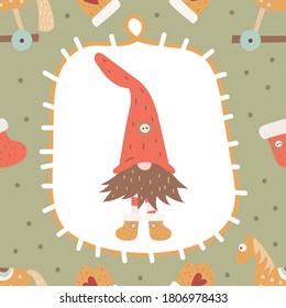 Retro Seamless pattern for Christmas design in Scandinavian style. Funny gnomes, wooden horse toy, mittens. Vector illustration for DIY, packaging. Pattern is cut, no clipping mask.