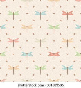 Retro seamless pattern. Color dragonflies and dots on beige textured background