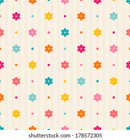 Retro seamless pattern. Color flowers and dots on beige striped background