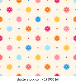 Retro seamless pattern. Color flowers and dots on beige dotted background