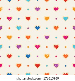 Retro seamless pattern. Color hearts and dots on beige textured background 