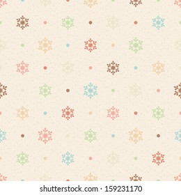 Retro seamless pattern. Color snowflakes and dots on beige textured background