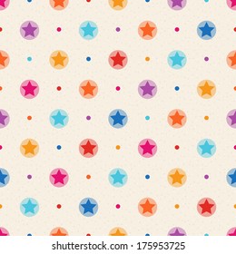 Retro seamless pattern. Color stars and dots on beige textured background