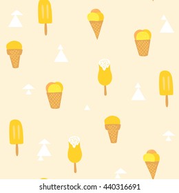 Retro seamless pattern with colored ice cream and white triangles. Vector summer background. Flat design