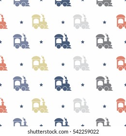 Retro seamless pattern with colored locomotives and stars on white background. Childish background for postcards, wallpaper, papers, textiles.