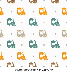 Retro seamless pattern with colored locomotives and stars on white background. Childish background for postcards, wallpaper, papers, textiles.