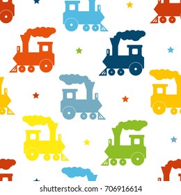 Retro seamless pattern with colored  locomotives. Kids seamless pattern with colorful train and stars. White background. Baby pattern.