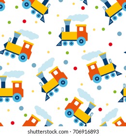 Retro seamless pattern with colored ltrain. Baby pattern with transport. locomotives. Cartoon train on a white background.