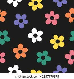 Retro seamless pattern with colorful flowers and black background