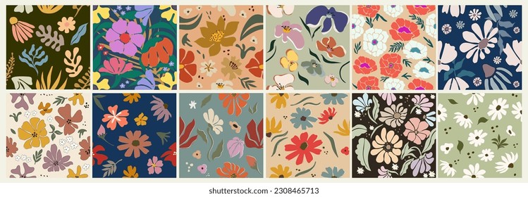 Retro seamless pattern with colorful flowers. Set of vintage 70s style flower background illustration. Colorful pastel color groovy, y2k nature backgrounds. Hand-Drawn Vector Illustrations