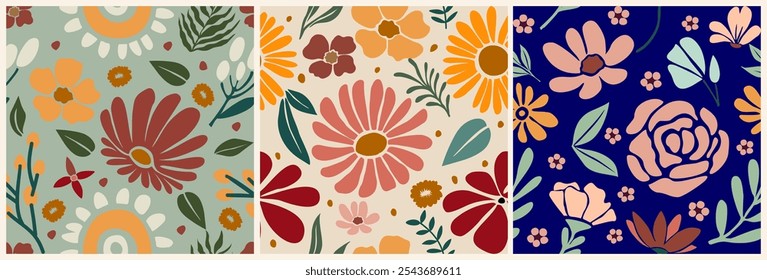 Modelo inconsútil retro con las flores coloridas. Conjunto de ilustración de fondo de flores de estilo vintage de los años 70. Colorido color pastel groovy, y2k fondos de la naturaleza. Ilustraciones vectoriales dibujadas a mano.