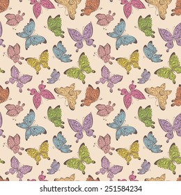Retro Seamless pattern with colorful hand drawn butterflies. Vector illustration