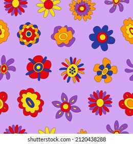 Retro seamless pattern of colorful hippie flowers on a purple background.  Vintage festive groovy botanical design. Trendy vector illustration in 70s and 80s style.