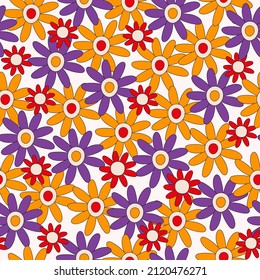 Retro seamless pattern of colorful hippie flowers. Vintage festive groovy botanical design. Trendy vector illustration in 70s and 80s style.
