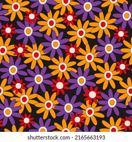 Retro seamless pattern of colorful hippie flowers on a black background. Vintage festive groovy botanical design. Trendy vector illustration in 70s and 80s style.