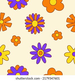 Retro seamless pattern of colorful hippie daisy flowers on a light background. Vintage festive groovy botanical design. Trendy vector illustration in 70s and 80s style.