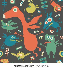 Retro seamless pattern with colorful monsters.