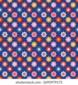 Retro padrão sem costura com flores simples coloridas em um fundo azul