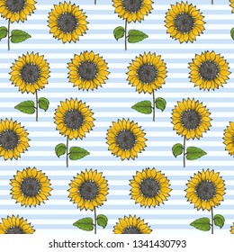 Retro seamless pattern with colorful sketch sunflowers on tender striped blue background. Trendy hand drawn illustration of beautiful sun flower, texture for textile, wrapping paper, surface