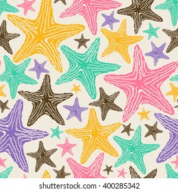 Retro seamless pattern of colorful starfish on a beige background.